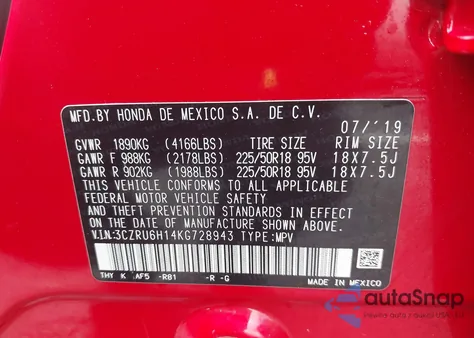 2019 Honda Hr-V Sport из США, поврежденный, VIN 3CZRU6H14KG728943